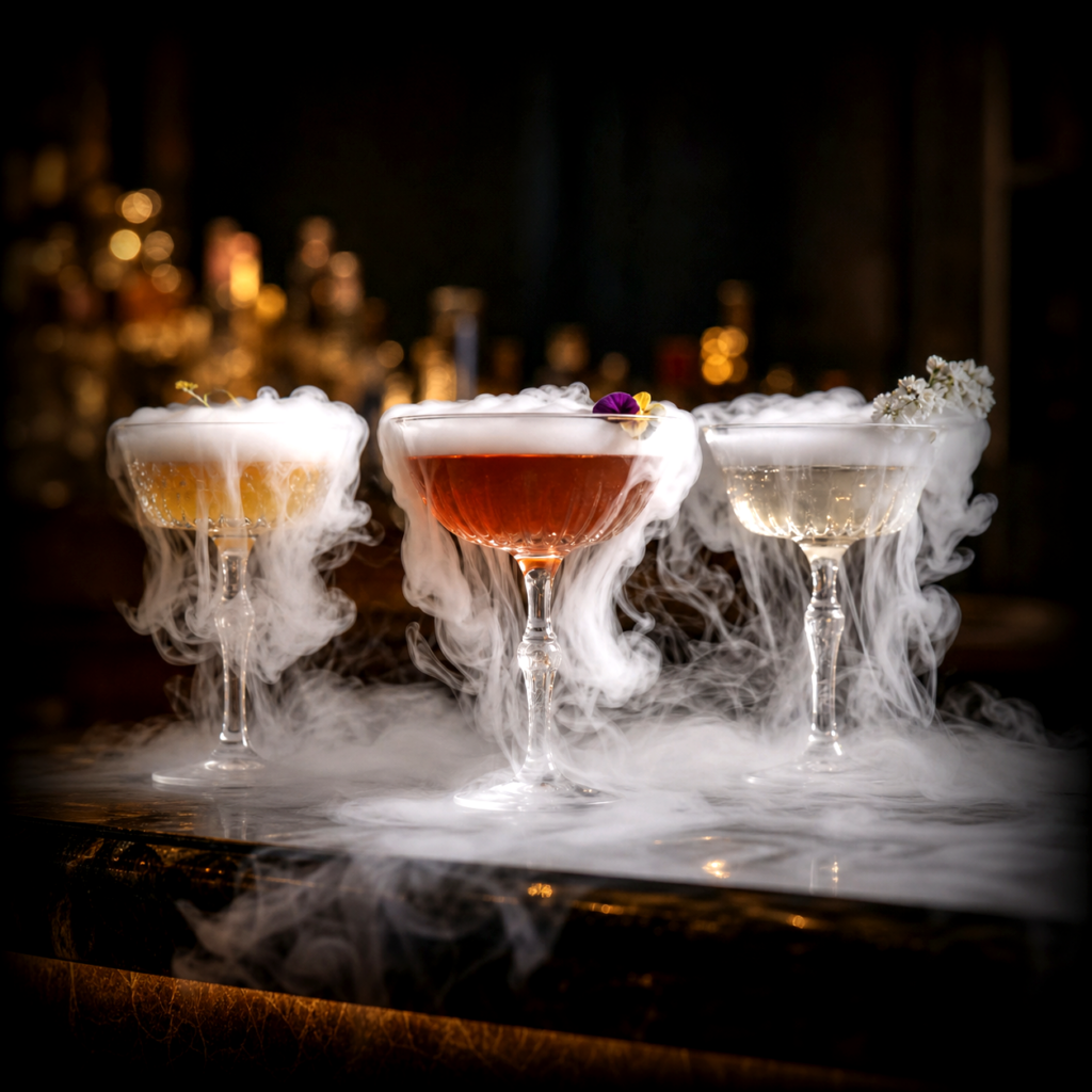 Bar événementiel So Barman avec plusieurs cocktails fumants