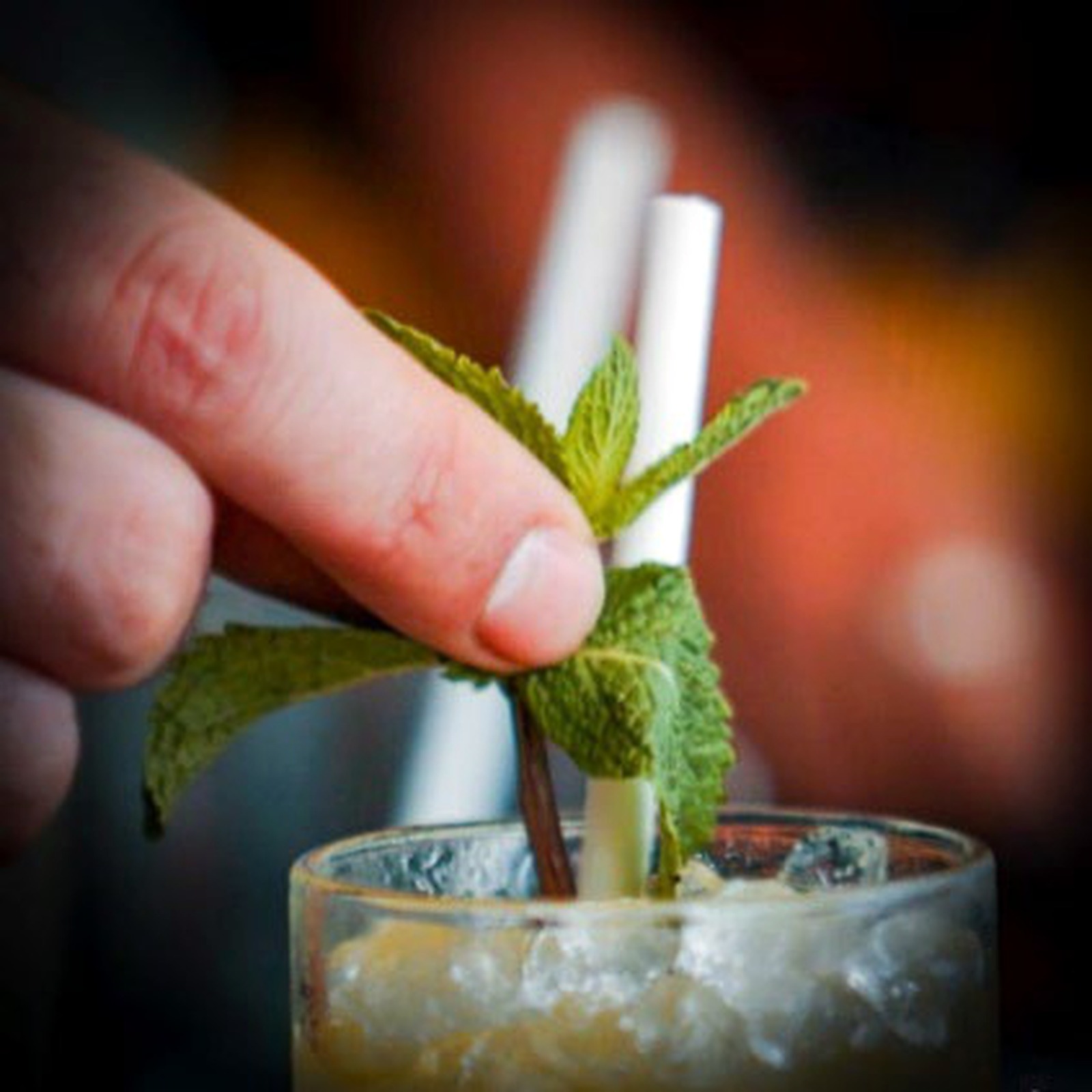 Barman plaçant une tête de menthe sur un cocktail